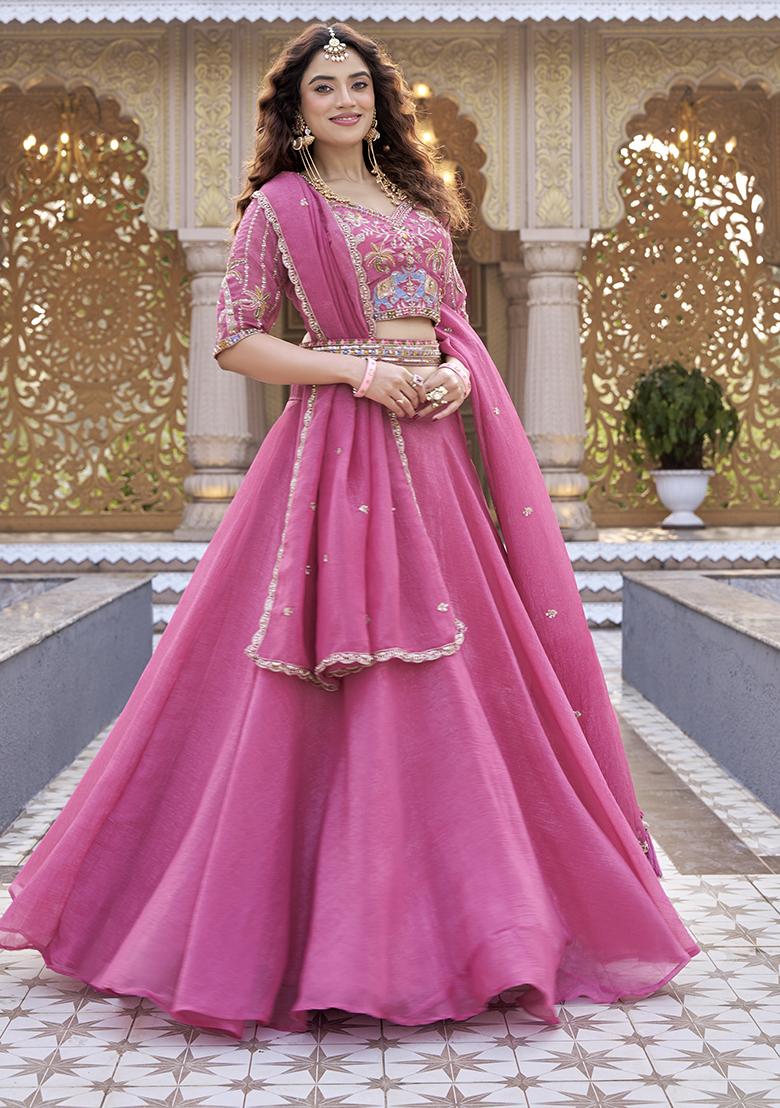 Pink Plain Crunchy Lehenga Set - Indya