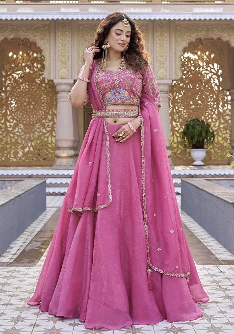 Pink Plain Crunchy Lehenga Set