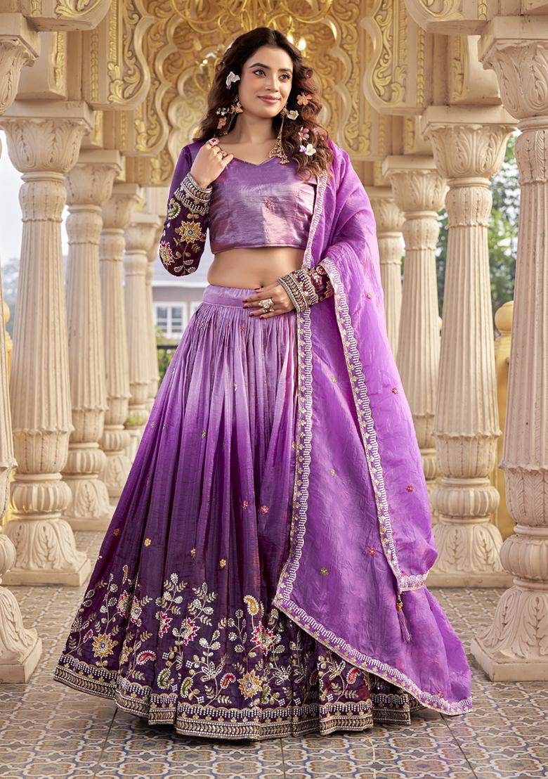 Purple Embroidery Gold Crush Lehenga Set - Indya