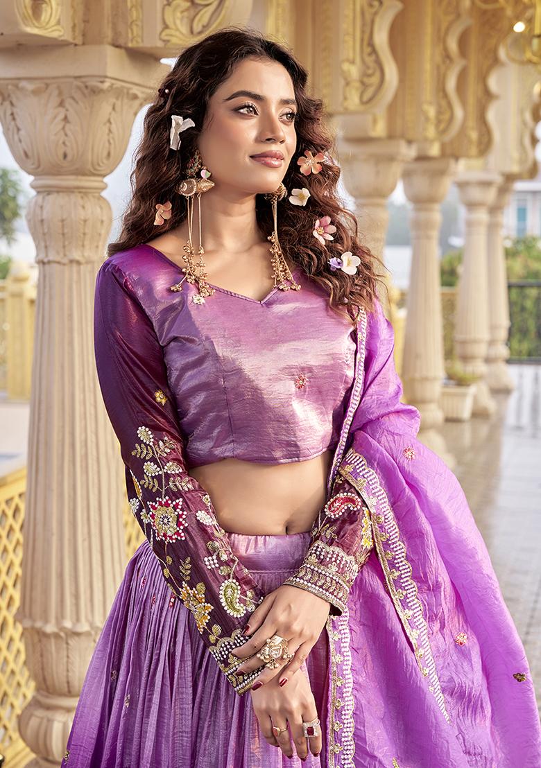 Purple Embroidery Gold Crush Lehenga Set - Indya