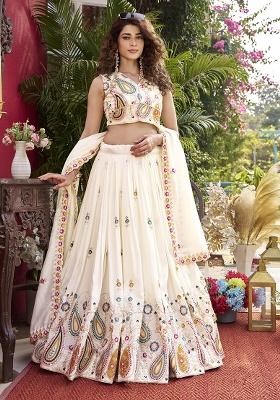 White Embroidery Vichitra Lehenga Set