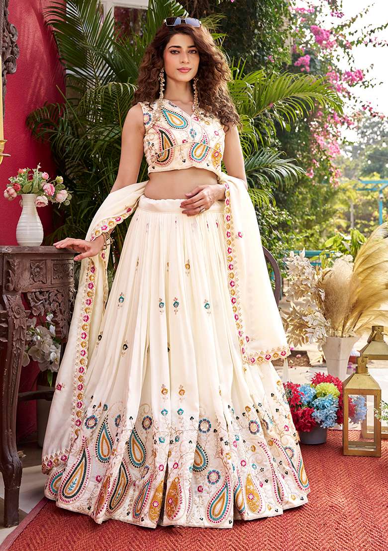 White Embroidery Vichitra Lehenga Set for Diwali and Festive Wear - Indya