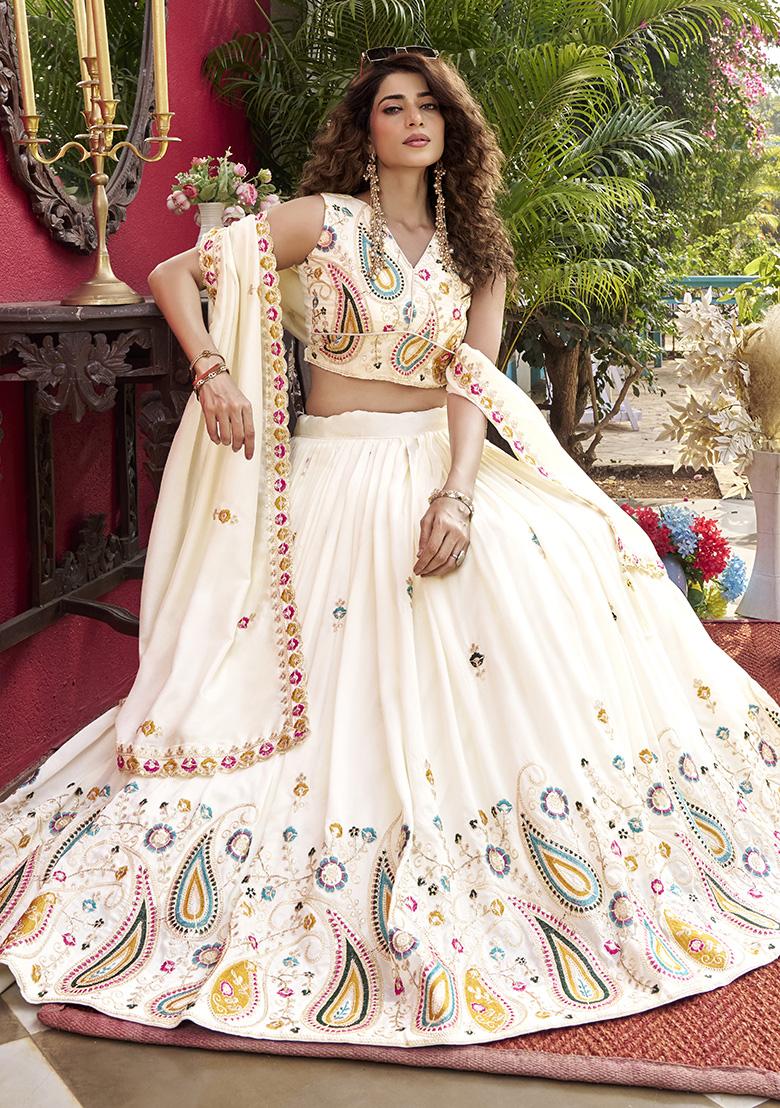 White Embroidery Vichitra Lehenga Set - Indya