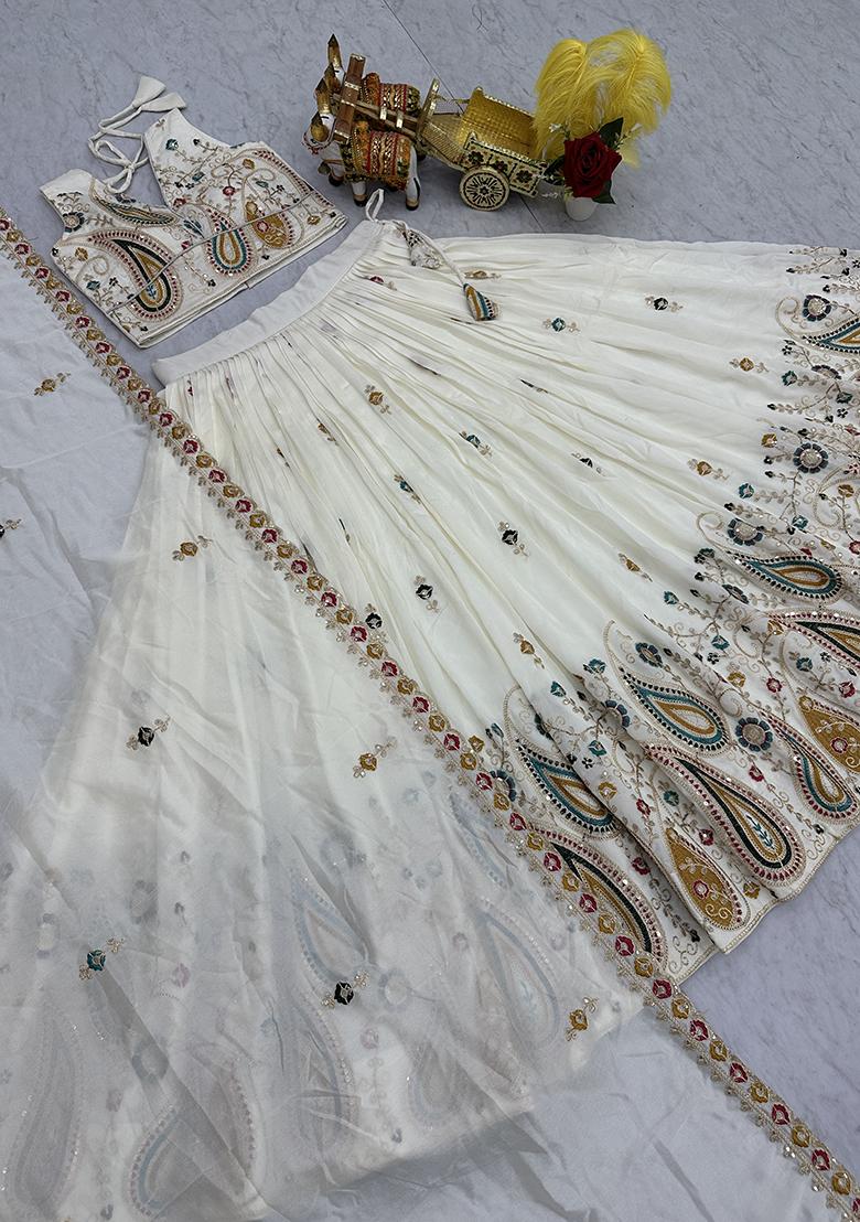 White Embroidery Vichitra Lehenga Set - Indya