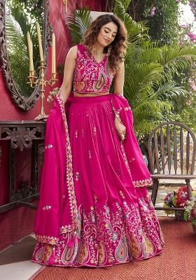 Magenta Embroidery Vichitra Lehenga Set