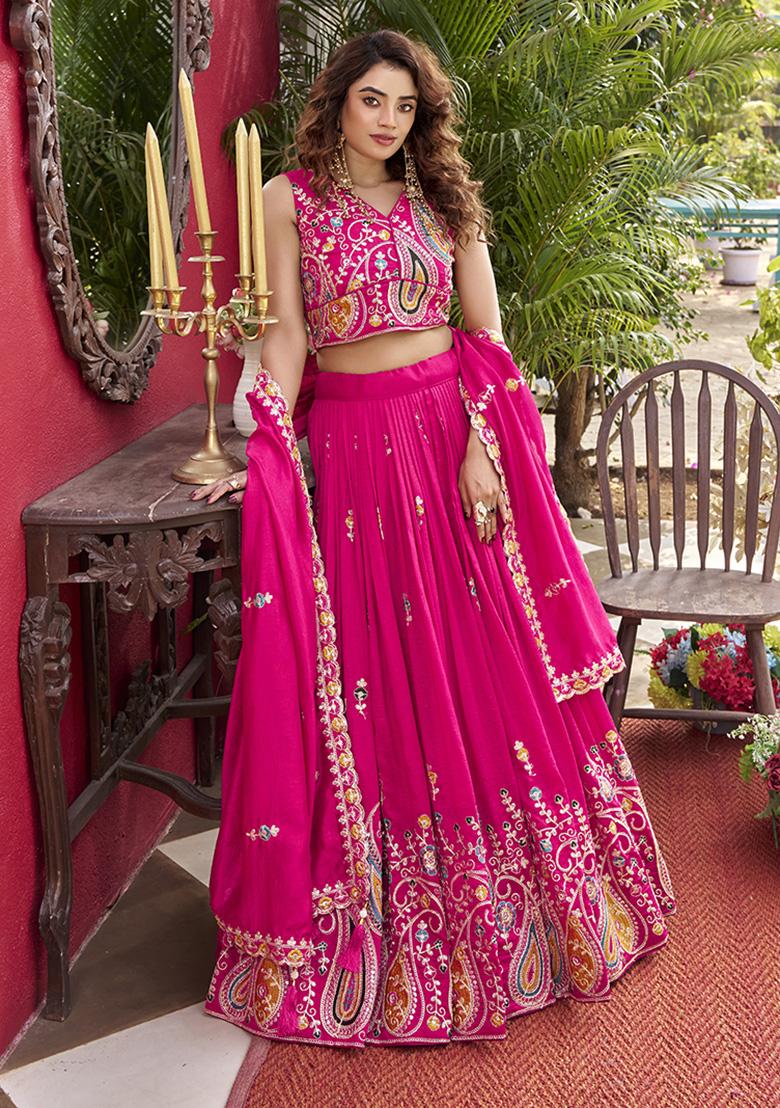 Magenta Embroidery Vichitra Lehenga Set - Indya