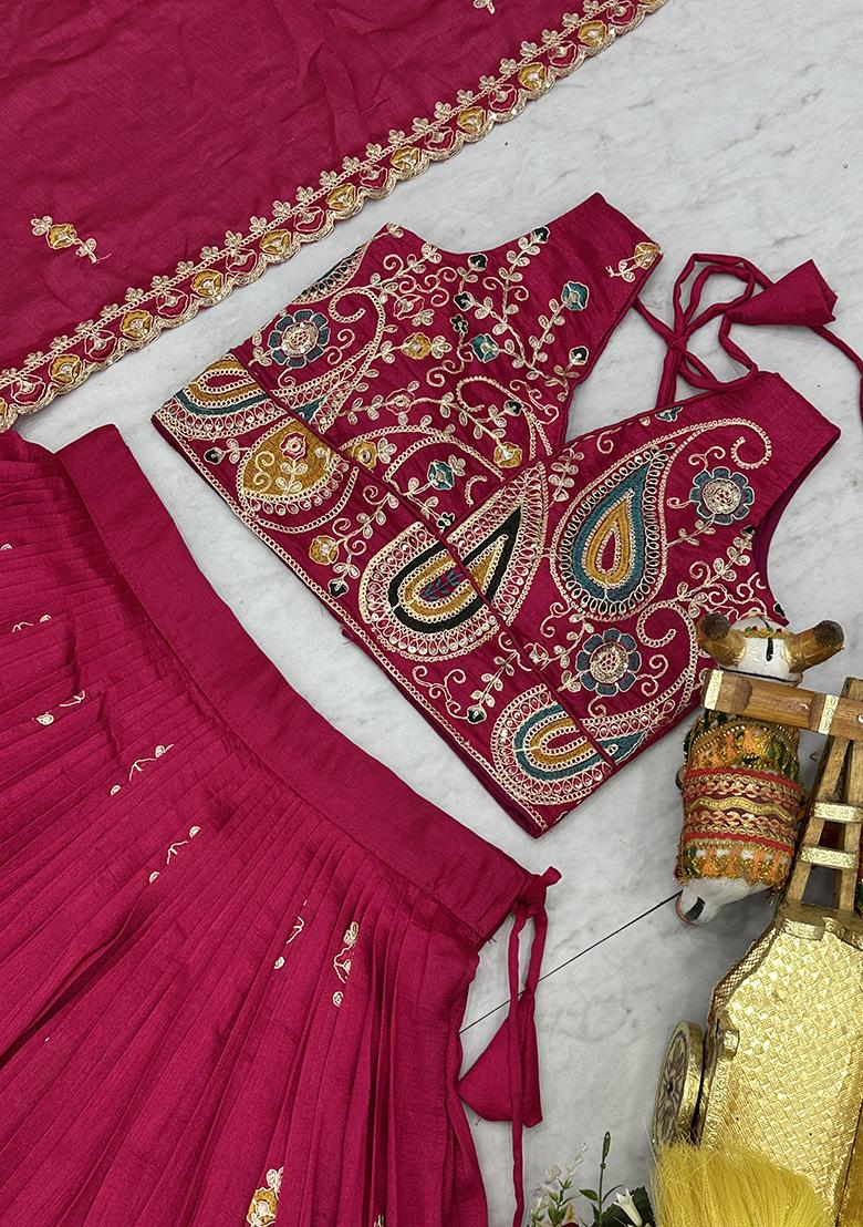 Magenta Embroidery Vichitra Lehenga Set - Indya