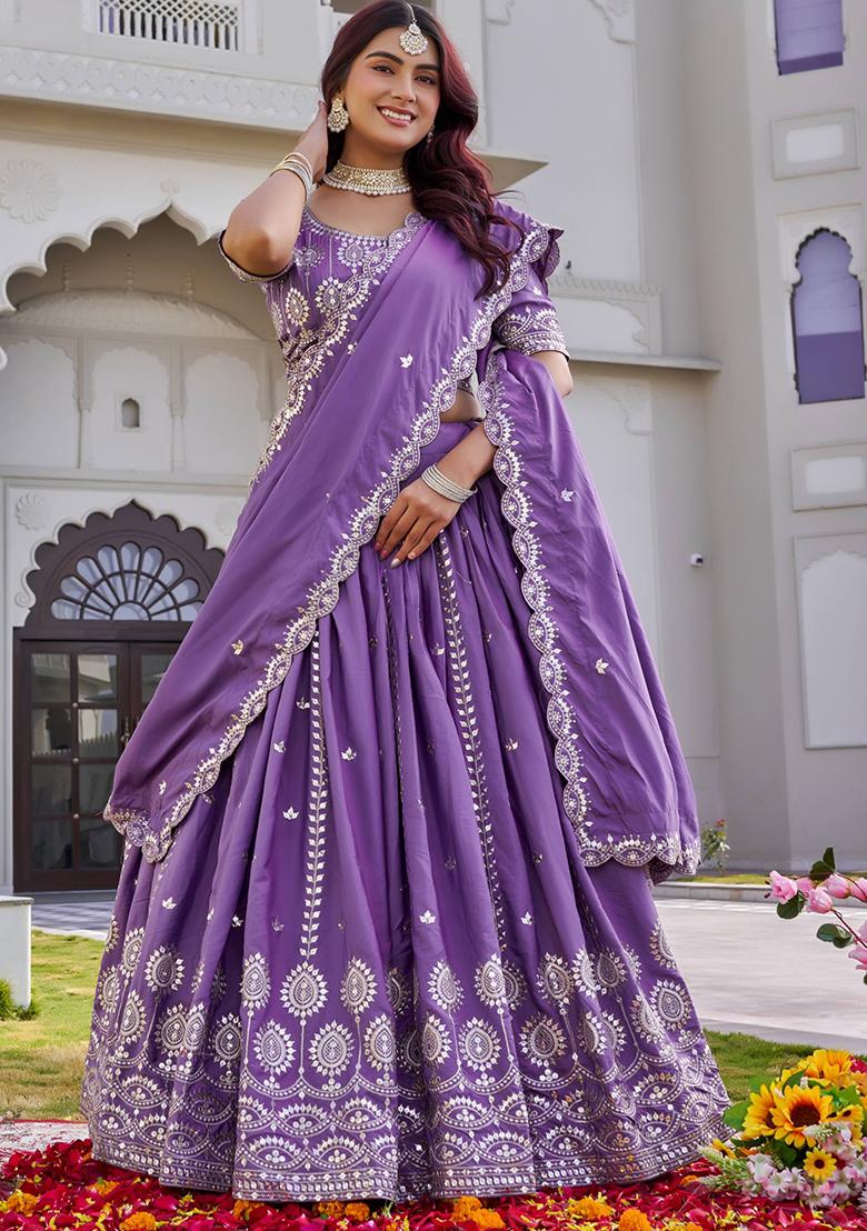 Purple Embroidery Silk Lehenga Set - Indya