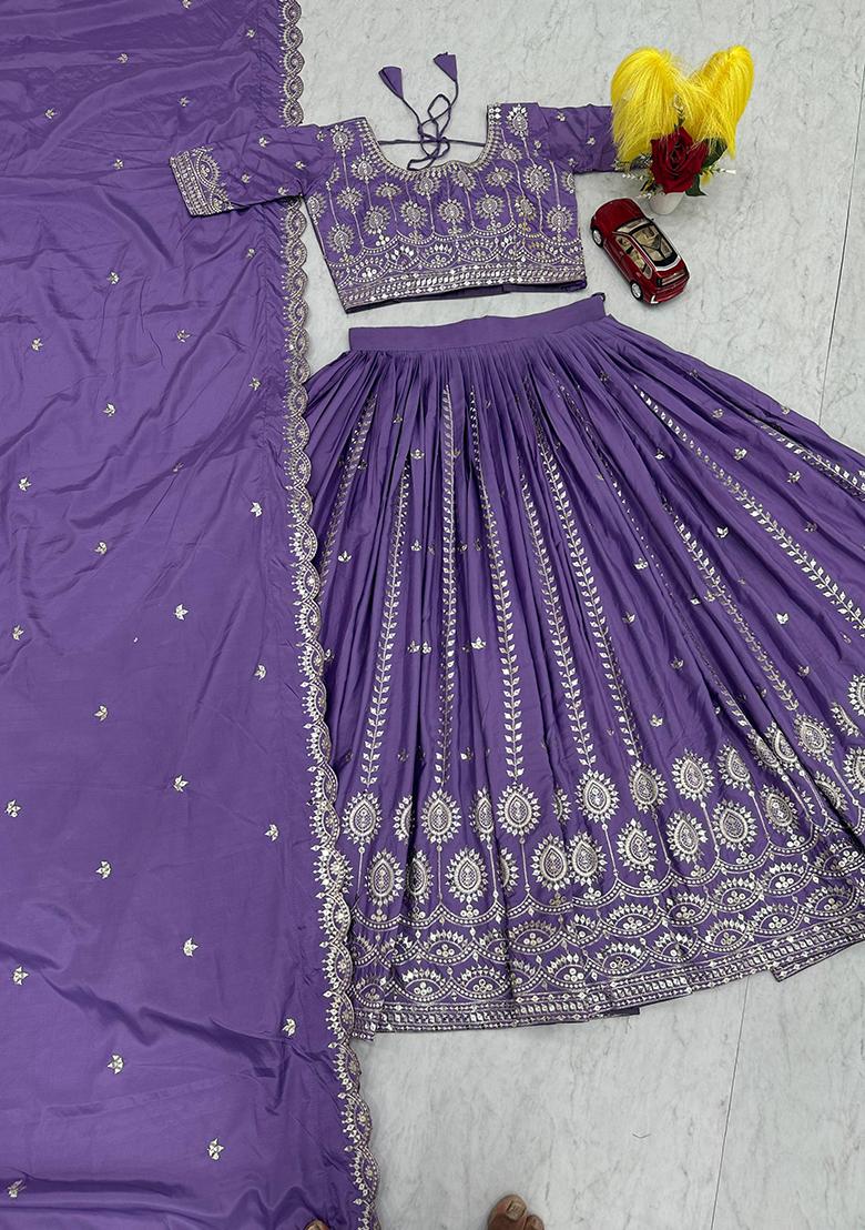 Purple Embroidery Silk Lehenga Set - Indya