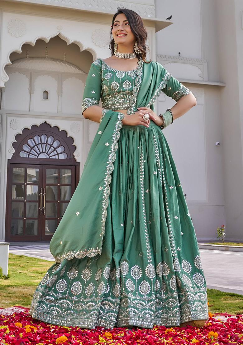Pista Green Embroidery Silk Lehenga Set - Indya