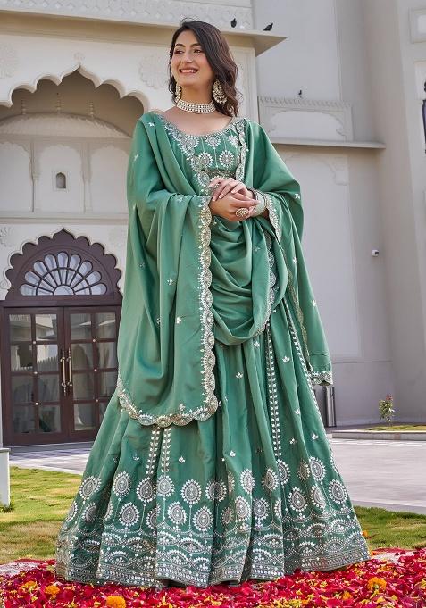Pista Green Embroidery Silk Lehenga Set