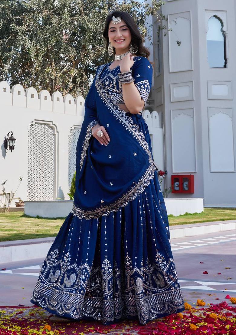 Blue Embroidery Vichitra Lehenga Set - Indya
