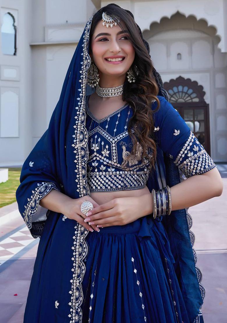 Blue Embroidery Vichitra Lehenga Set - Indya