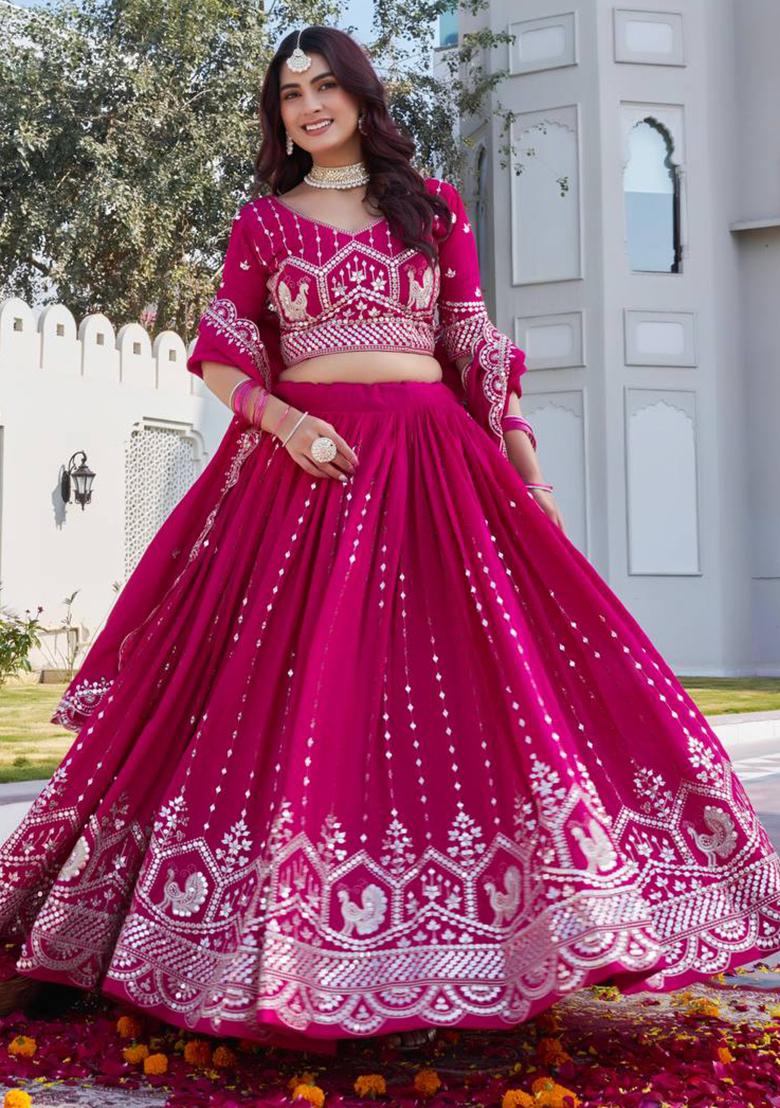 Magenta Embroidery Vichitra Lehenga Set - Indya