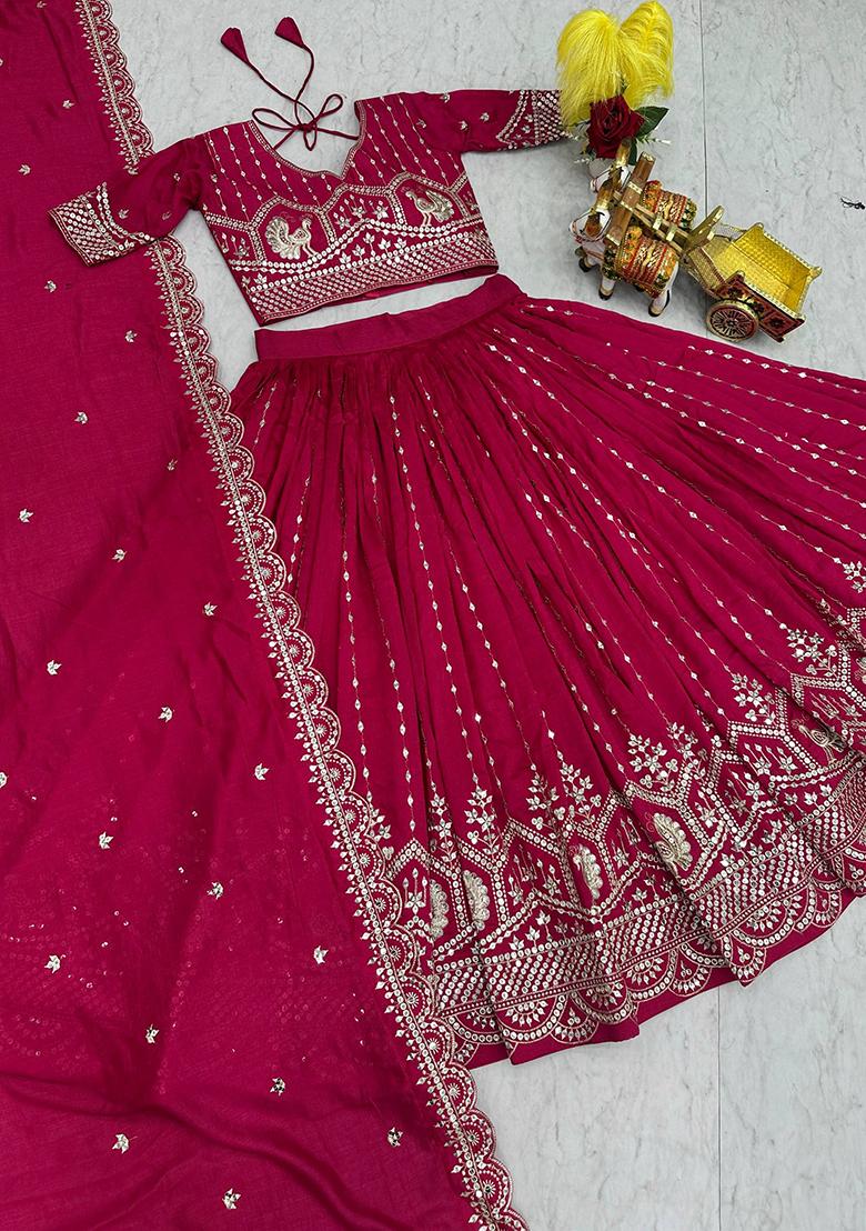 Magenta Embroidery Vichitra Lehenga Set - Indya