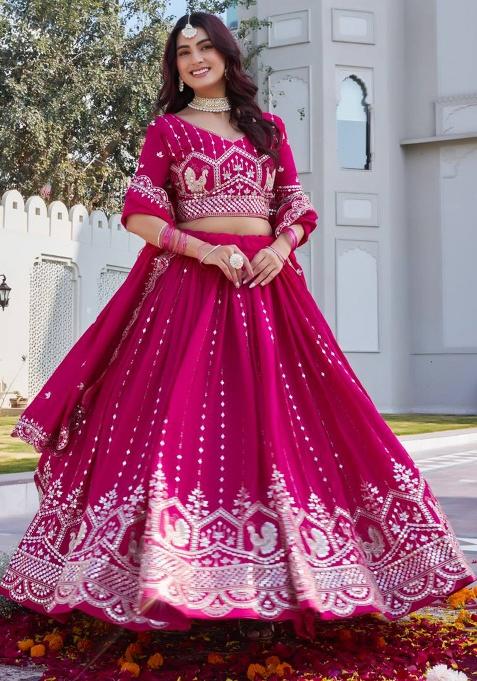 Magenta Embroidery Vichitra Lehenga Set
