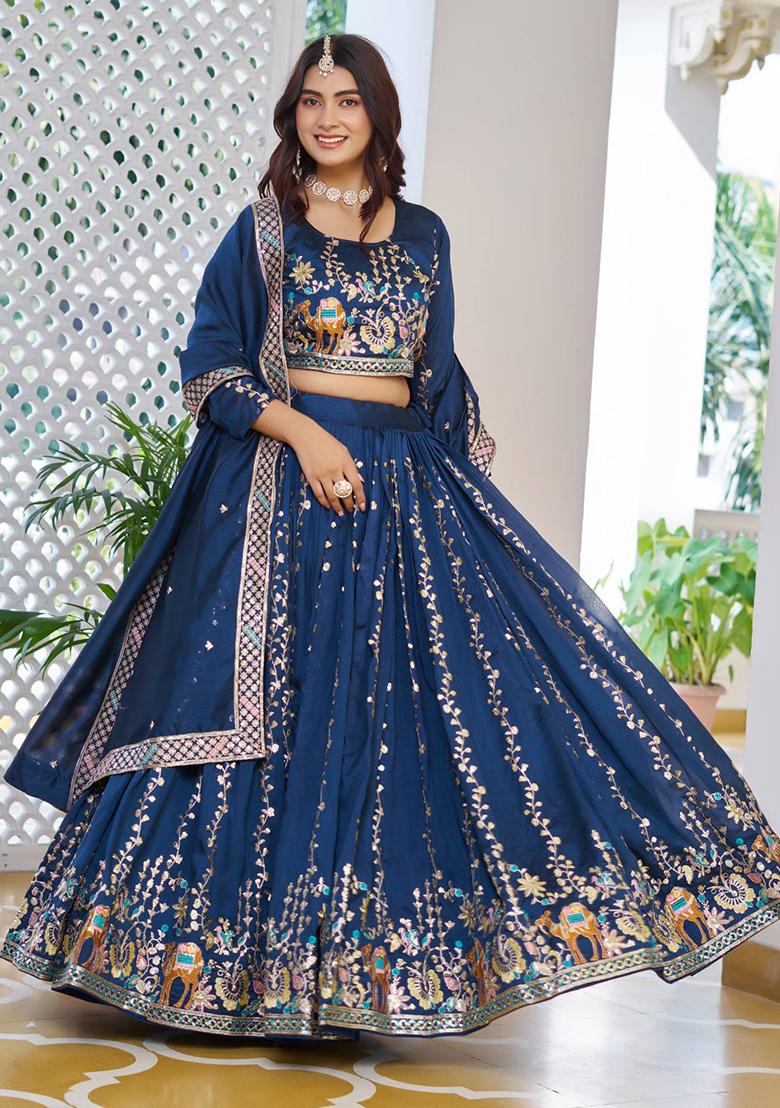 Blue Embroidery Vichitra Lehenga Set - Indya