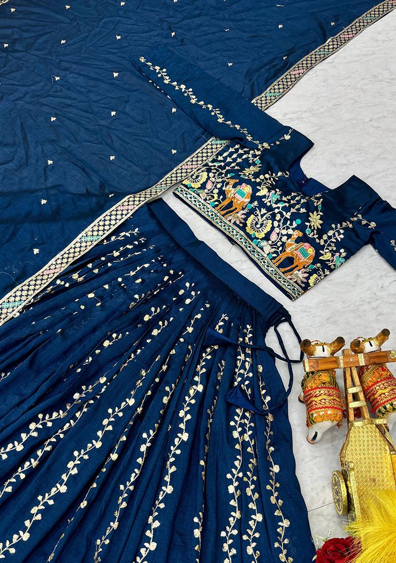 Blue Embroidery Vichitra Lehenga Set - Indya