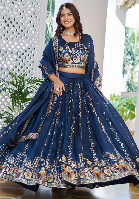 Blue Embroidery Vichitra Lehenga Set