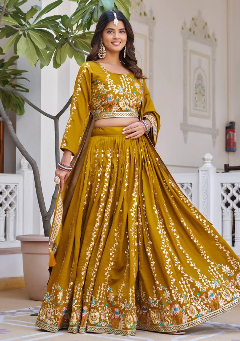 Mustard Embroidery Vichitra Lehenga Set - Indya