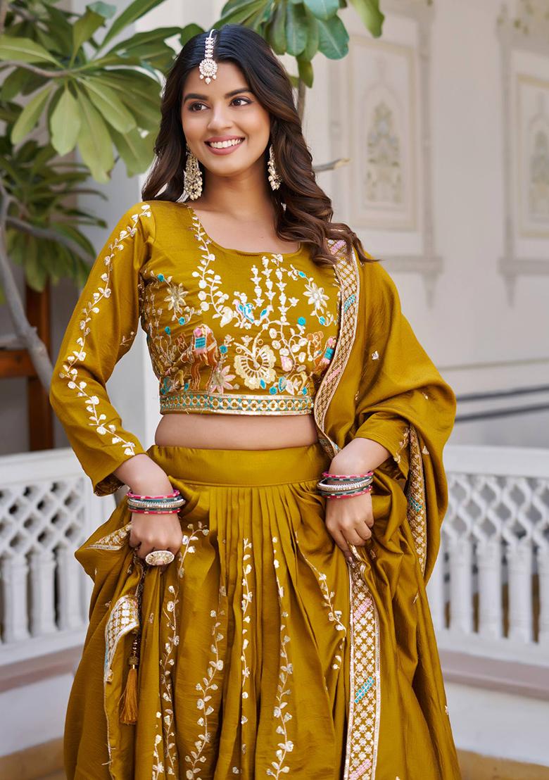 Mustard Embroidery Vichitra Lehenga Set - Indya
