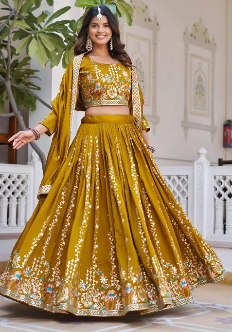 Mustard Embroidery Vichitra Lehenga Set