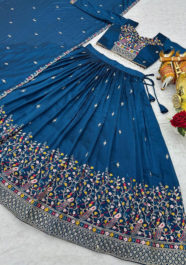 Royal Blue Embroidery Silk Lehenga Set - Indya