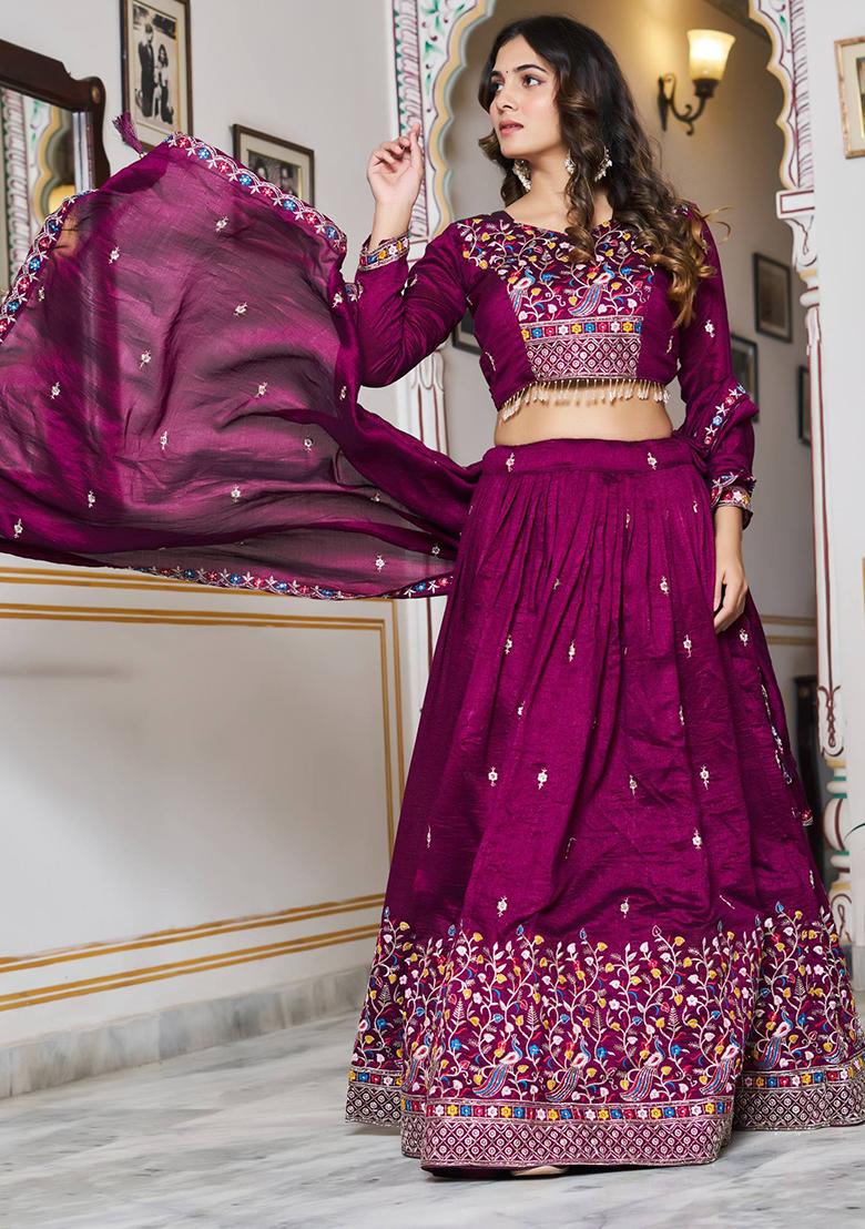 Wine Embroidery Silk Lehenga Set - Indya