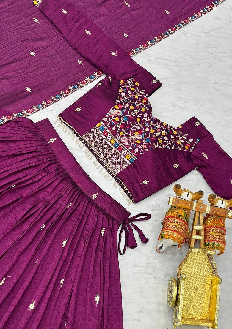 Wine Embroidery Silk Lehenga Set - Indya