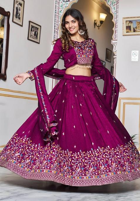 Wine Embroidery Silk Lehenga Set