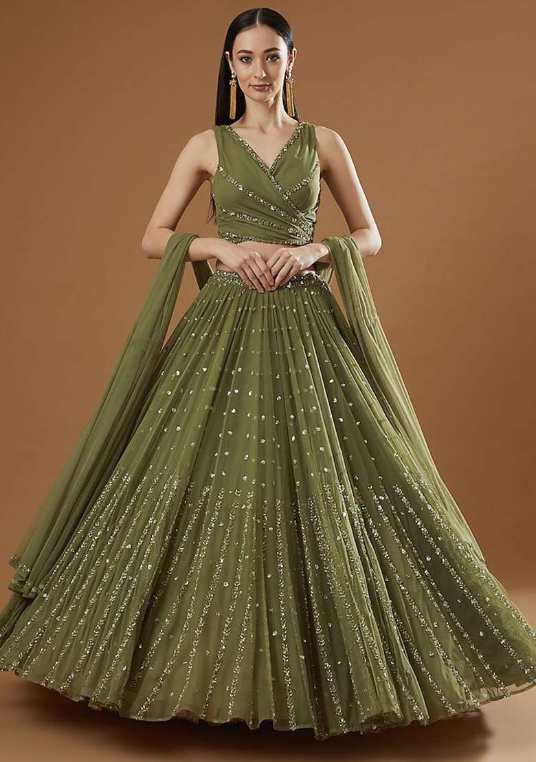 Mehendi Green Georgette Lehenga Set with Embroidery for Diwali | Wedding & Festive Wear - Indya