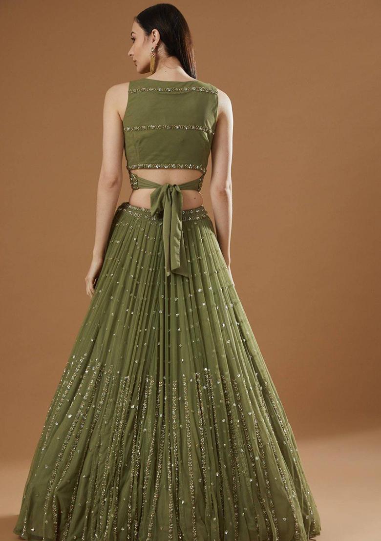 Mehendi Green Embroidery Georgette Lehenga Set - Indya