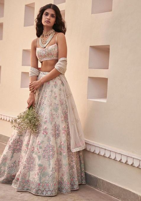 Cream Embroidery Georgette Lehenga Set