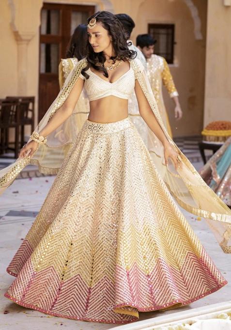 Cream Embroidery Georgette Lehenga Set