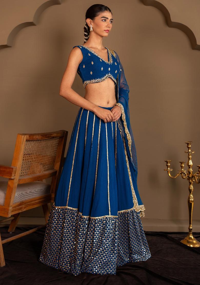 Blue Embroidery Georgette Lehenga Set - Indya