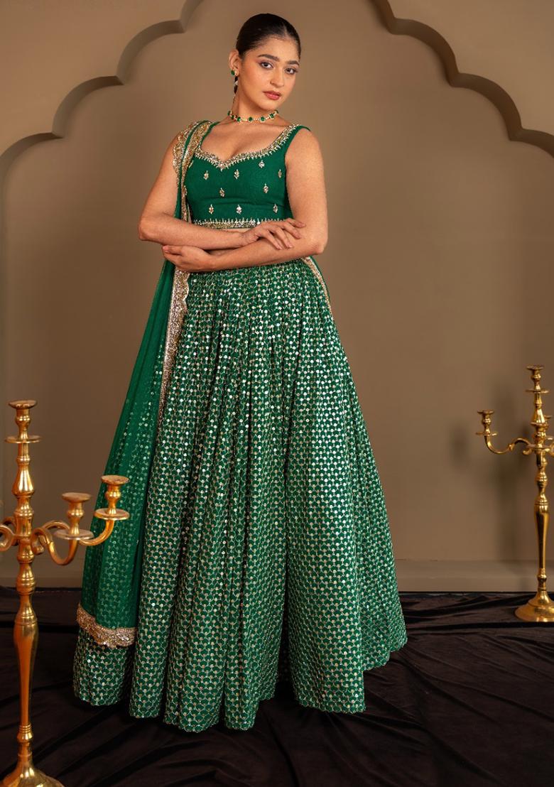 Green Embroidery Georgette Lehenga Set - Indya