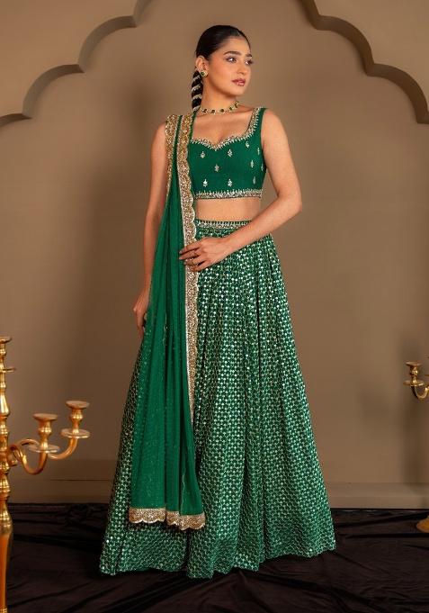 Green Embroidery Georgette Lehenga Set