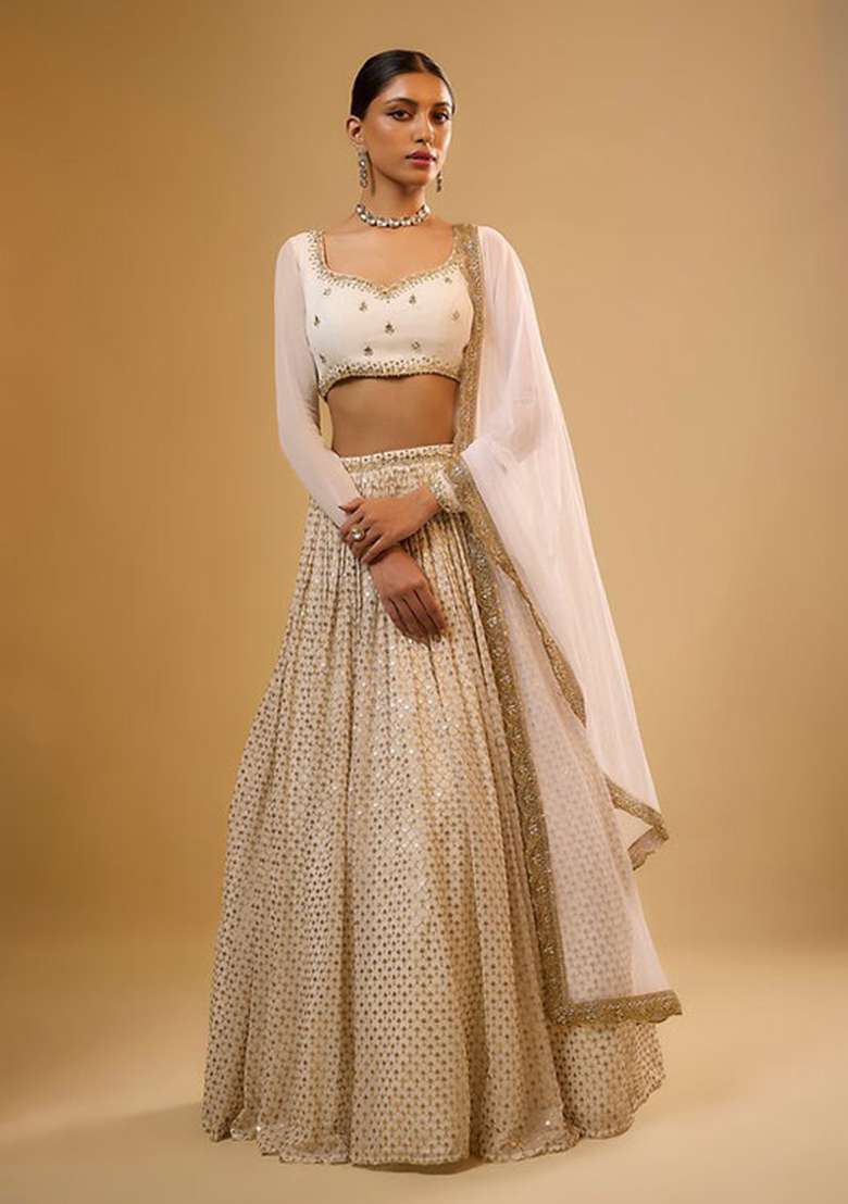White Georgette Lehenga Set with Embroidery for Diwali | Wedding & Festive Wear - Indya