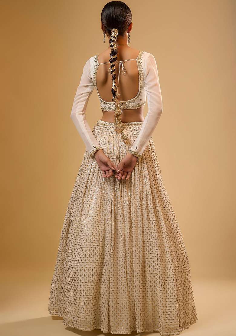 White Georgette Lehenga Set with Embroidery for Diwali | Wedding & Festive Wear - Indya