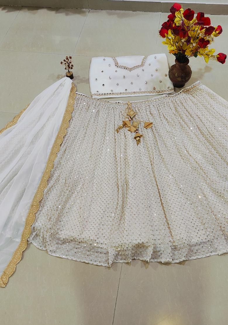 White Embroidery Georgette Lehenga Set - Indya