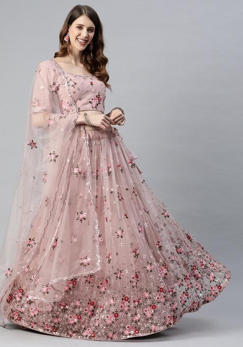 Dusty Pink Embroidery Net Lehenga Set