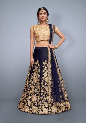 Navy Blue Embroidery Velvet Lehenga Set
