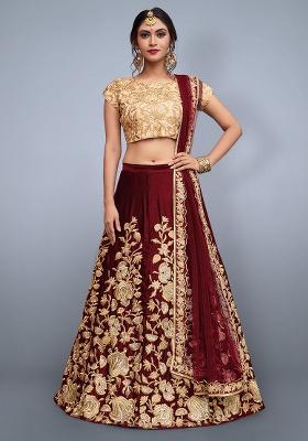 Maroon Embroidery Velvet Lehenga Set
