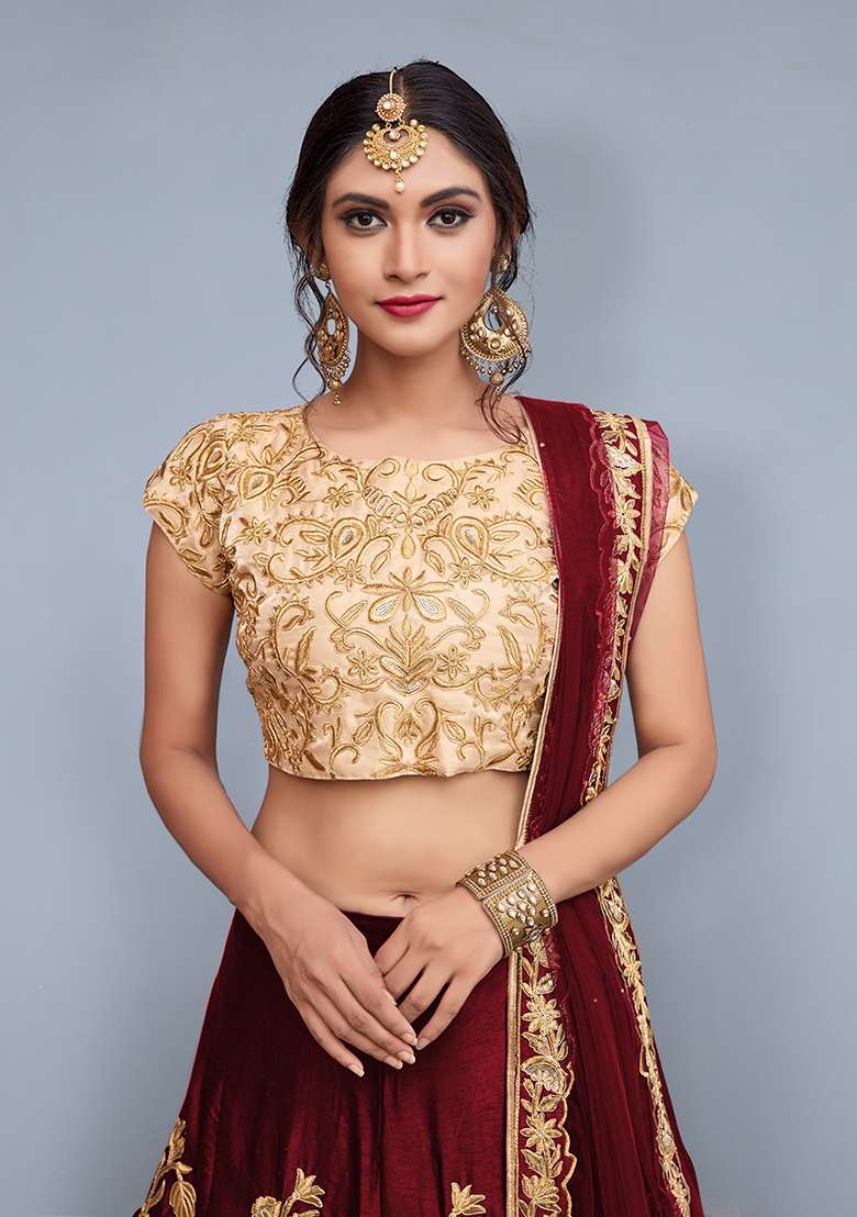 Maroon Embroidery Velvet Lehenga Set for Diwali and Festive Wear - Indya