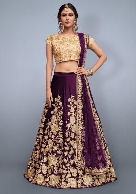 Purple Embroidery Velvet Lehenga Set