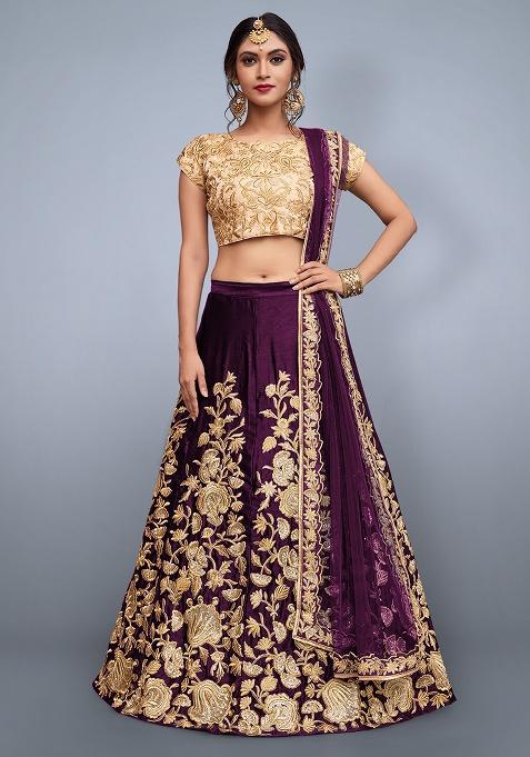 Purple Embroidery Velvet Lehenga Set