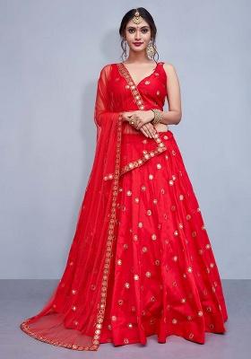Red Embroidery Taffeta Lehenga Set