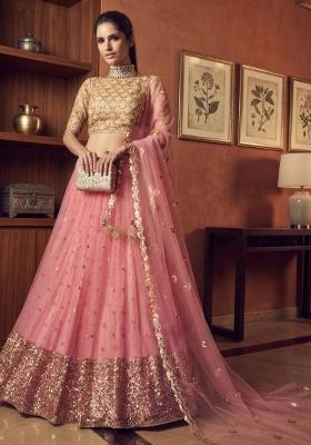 Pink Embroidery Net Lehenga Set