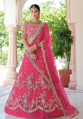 Pink Embroidery Net Lehenga Set