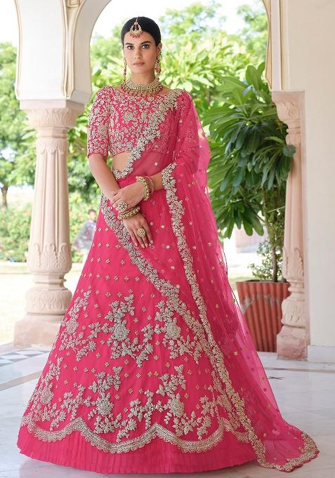 Pink Embroidery Net Lehenga Set